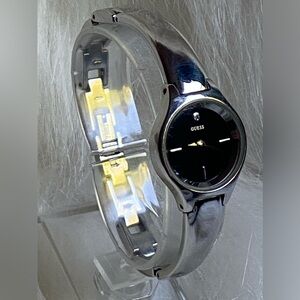 Ladies Guess Watch Silver Tone w/ Black Dial Diamond Bracelet Style